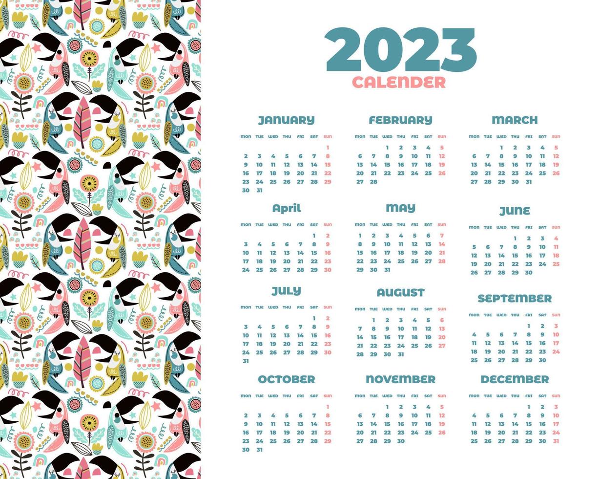 plantilla de calendario 2023 de verano tropical dibujado a mano con tucanes vector