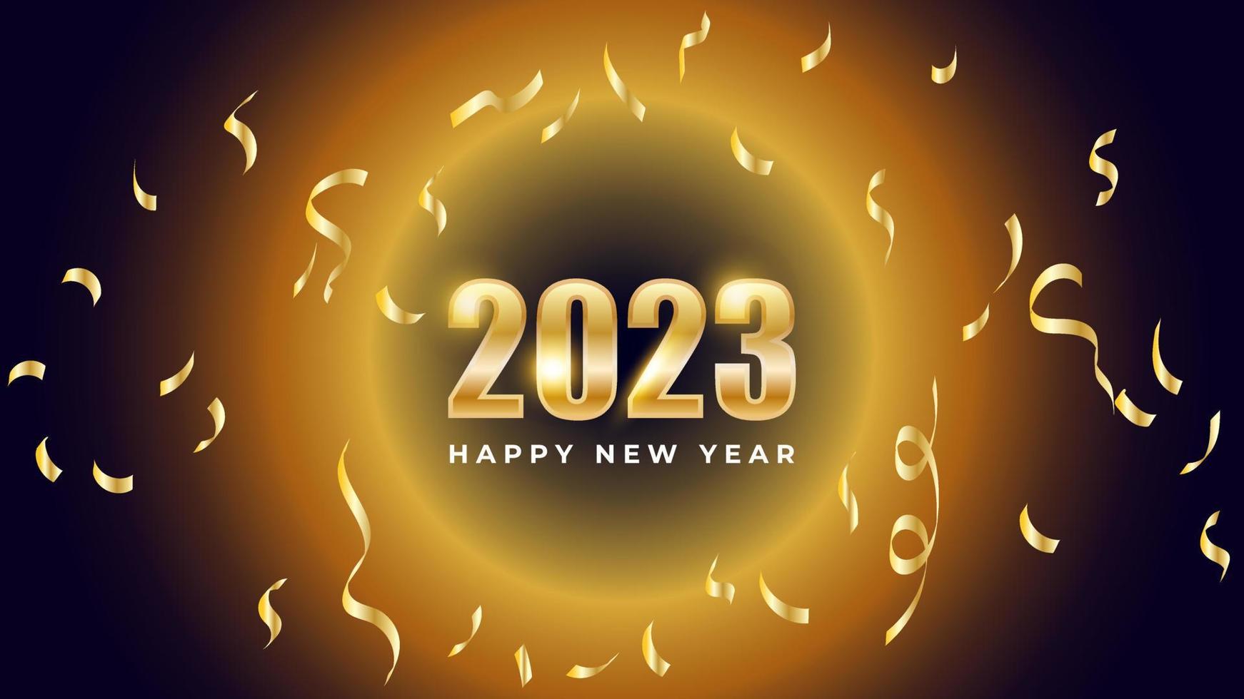 Happy new year 2023. Gold text on glowing background and falling gold paper vector