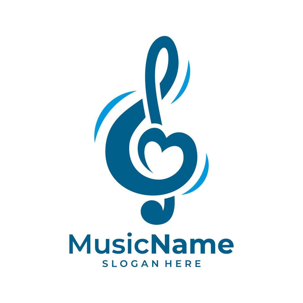 Music key and heart abstract hand drawn vector logo and icon. Musical theme flat design template. Isolated on the white background