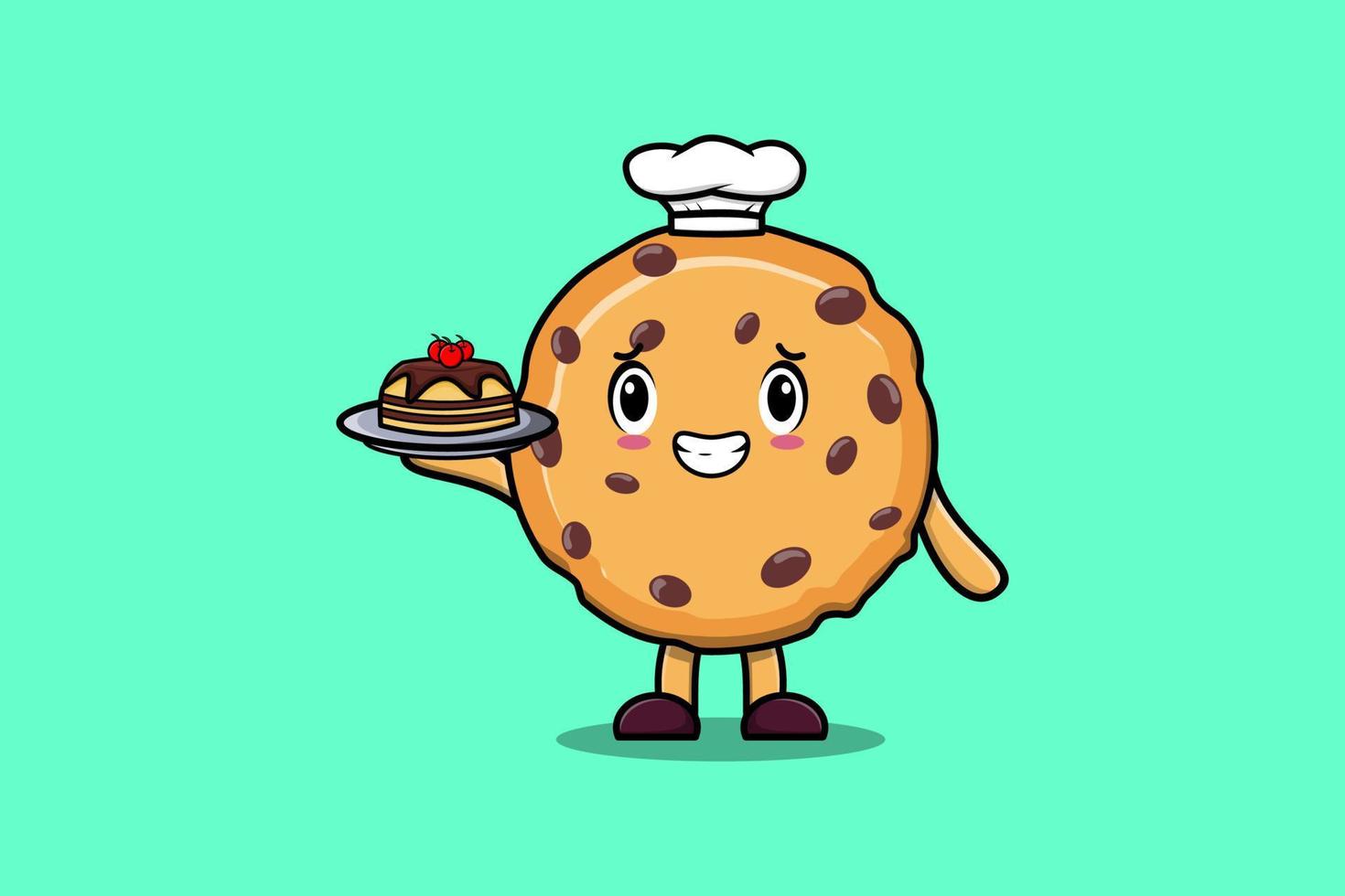 Cute Cartoon chef Biscuits serving cake on tray vector