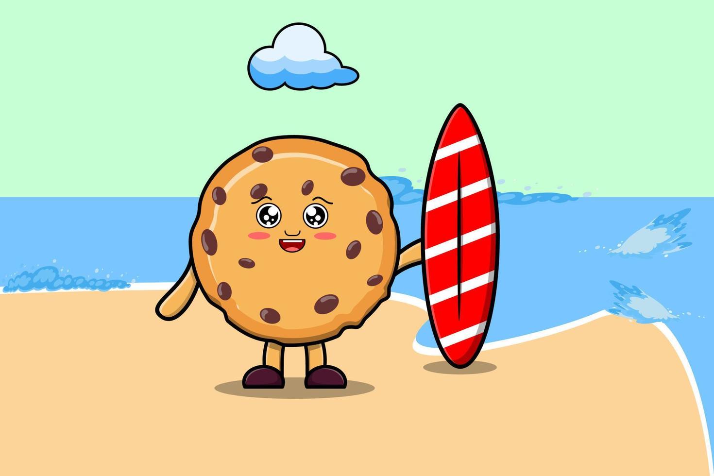 Cute cartoon Biscuits character playing surfing vector