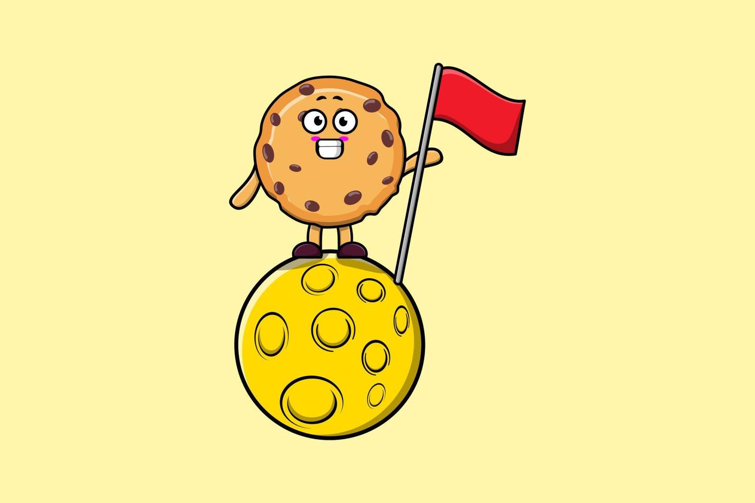 Cute cartoon Biscuits standing on moon with flag vector