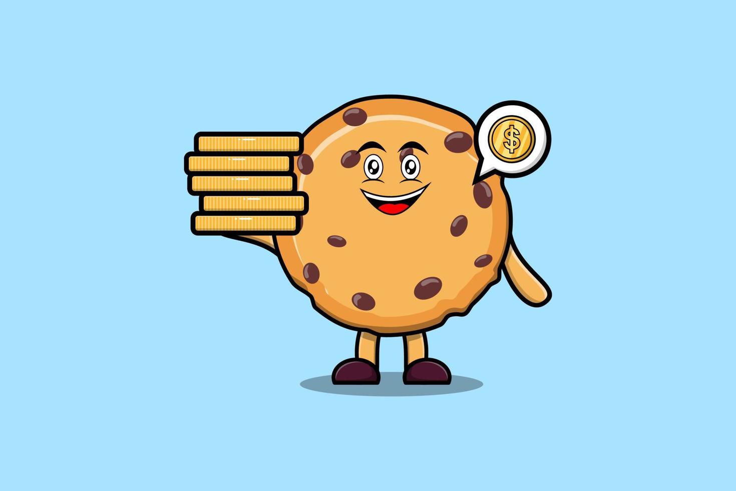 Cute cartoon Biscuits holding in stacked gold coin vector