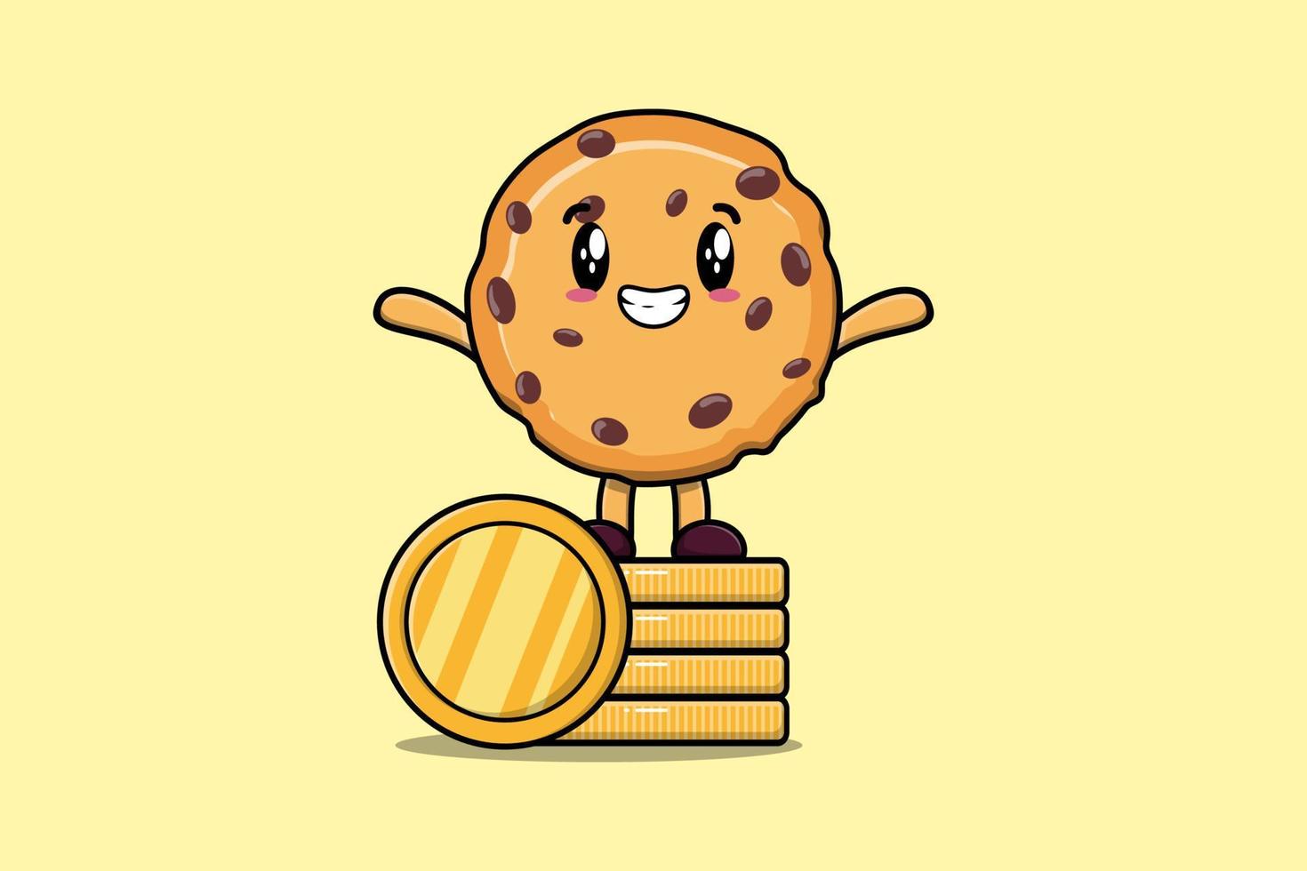 Cute cartoon Biscuit standing in stacked gold coin vector