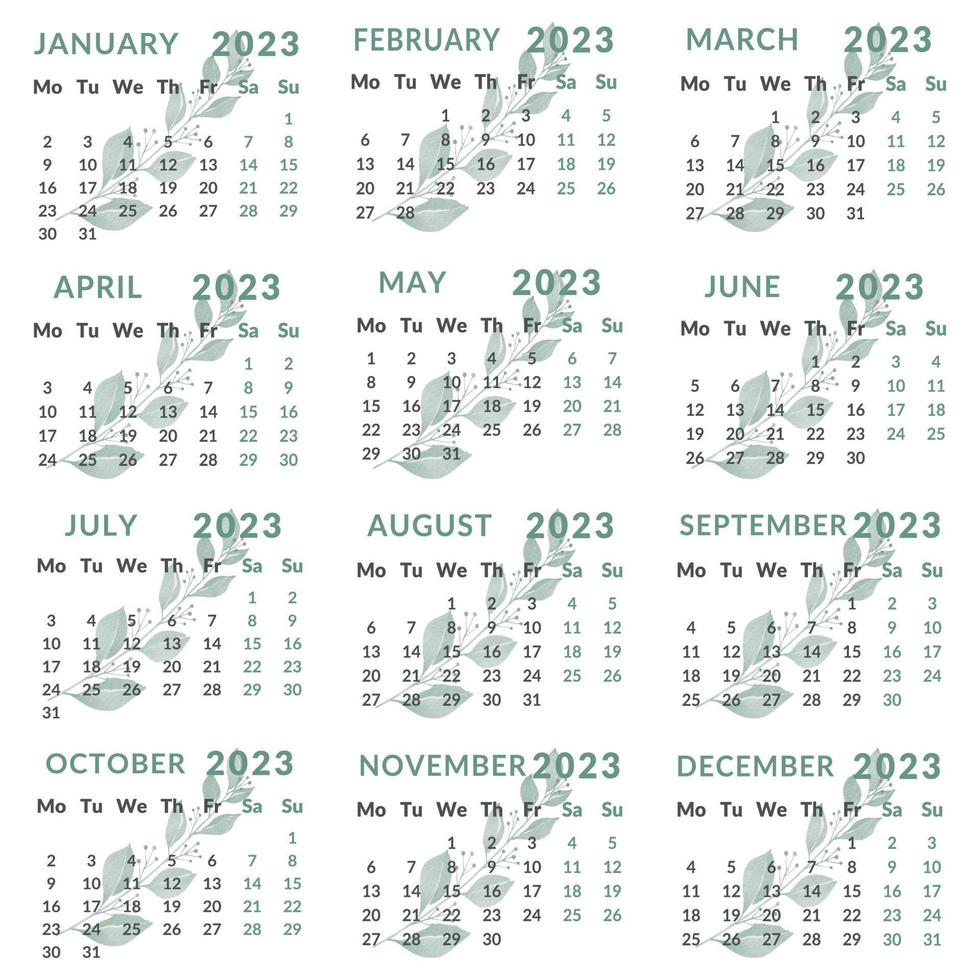 Calendar for 2023. Week starts from Monday. vector