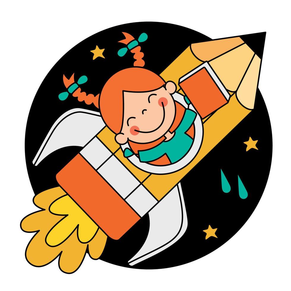 Hand Drawn Cartoon Child  In A Pencil Rocket vector