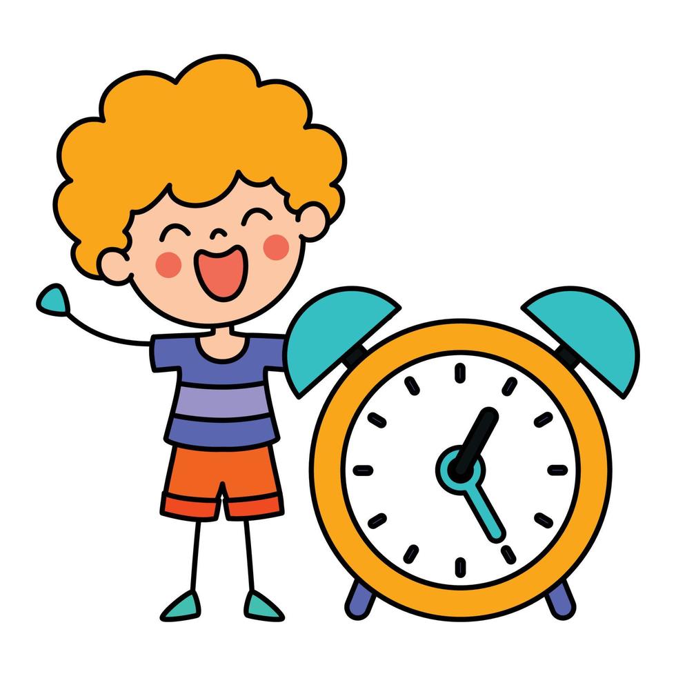 niño de dibujos animados divertido dibujado a mano con un reloj vector