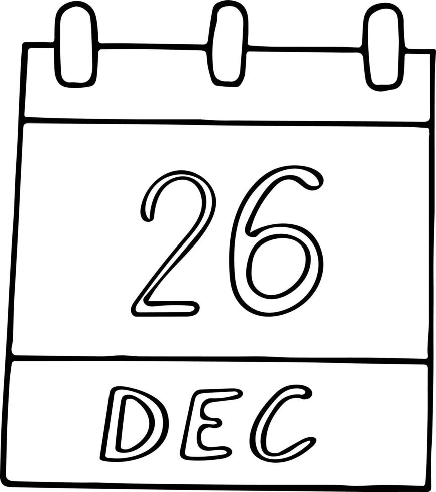 calendario dibujado a mano en estilo garabato. 26 de diciembre. boxing day, kwanza, fecha. icono, elemento adhesivo para el diseño. planificación, vacaciones de negocios vector