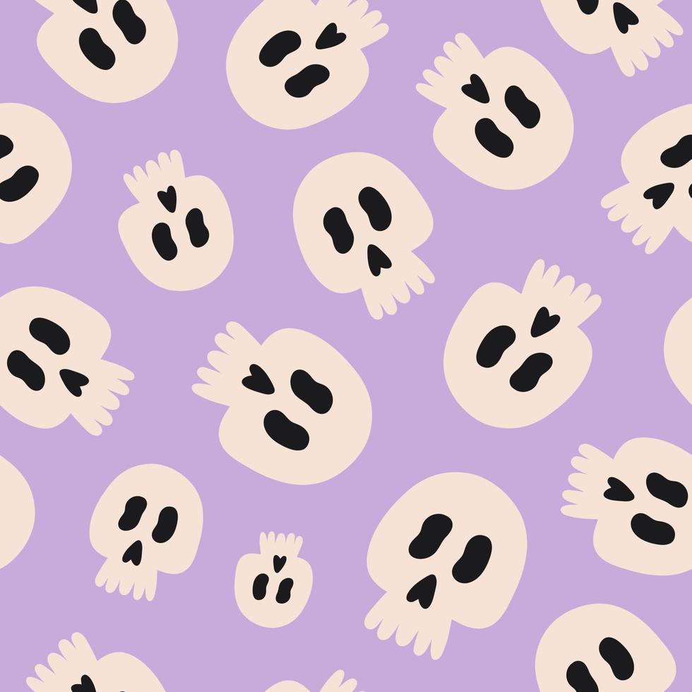 Simple monochrome seamless pattern with skulls. Abstract halloween print design. Pastel colors. Vector illustration