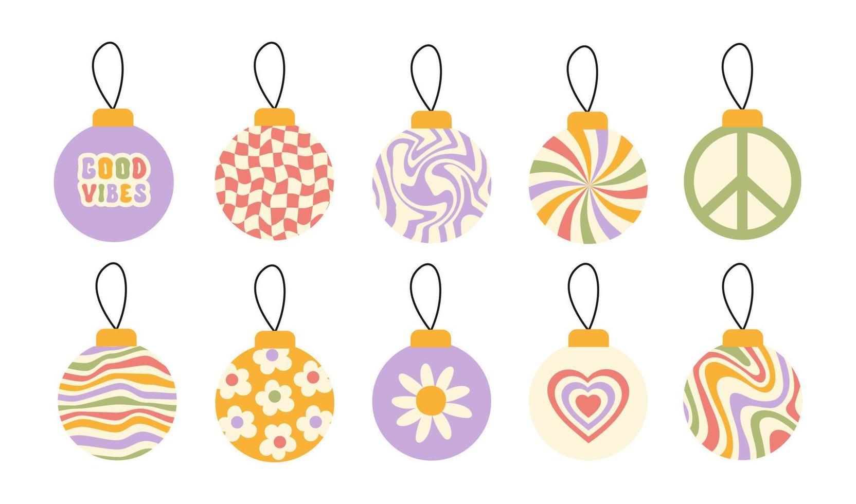 Retro groovy set christmas balls isolated on a white background. Trendy vector illustration in style 70s, 80s. Pastel colors