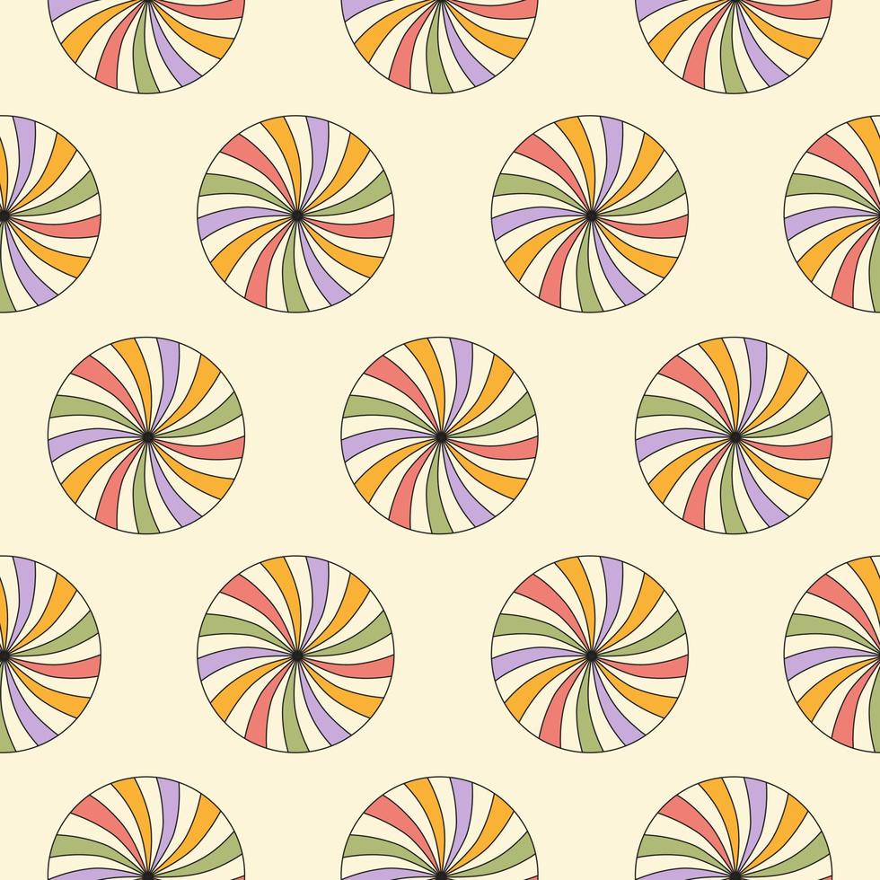 Retro abstract seamless pattern with colorful swirl sunburst in round shape. Trendy geometric background in style 60s, 70s. Pastel colors. Vector illustration