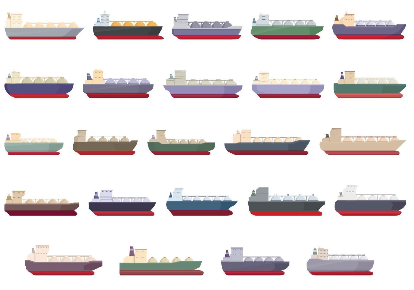 los iconos de la nave de transporte de gas establecen el vector de dibujos animados. energía gaseosa