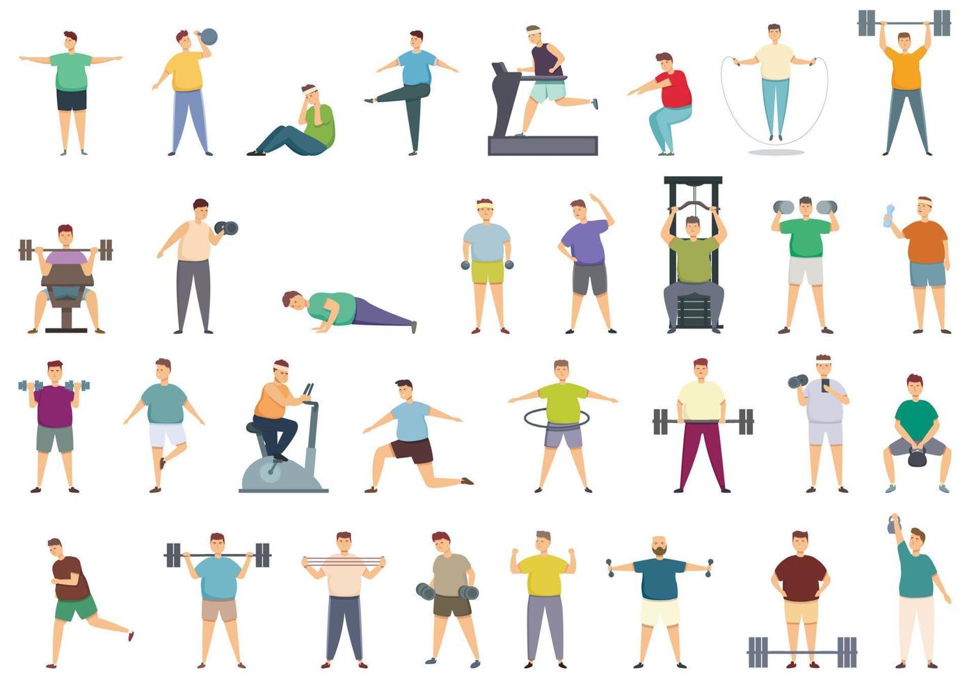 el hombre gordo en los iconos del gimnasio establece el vector de dibujos animados. ejercicio obeso