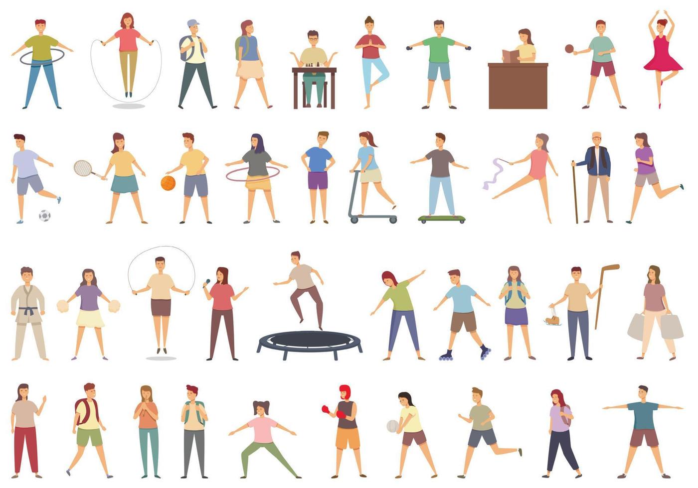 School movement activities icons set cartoon vector. Basketball acitivty vector