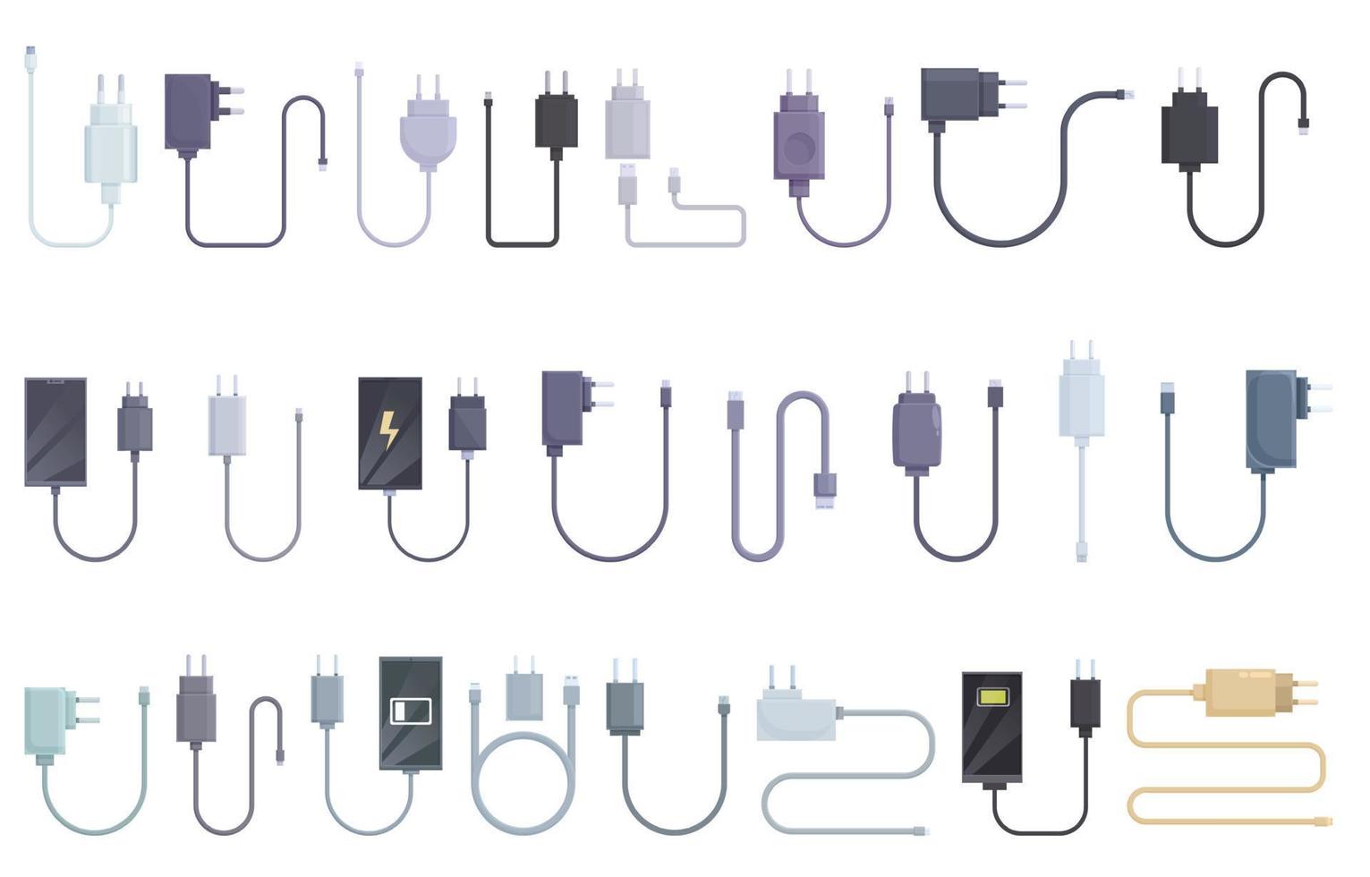Phone charger icons set cartoon vector. Cable powerbank vector