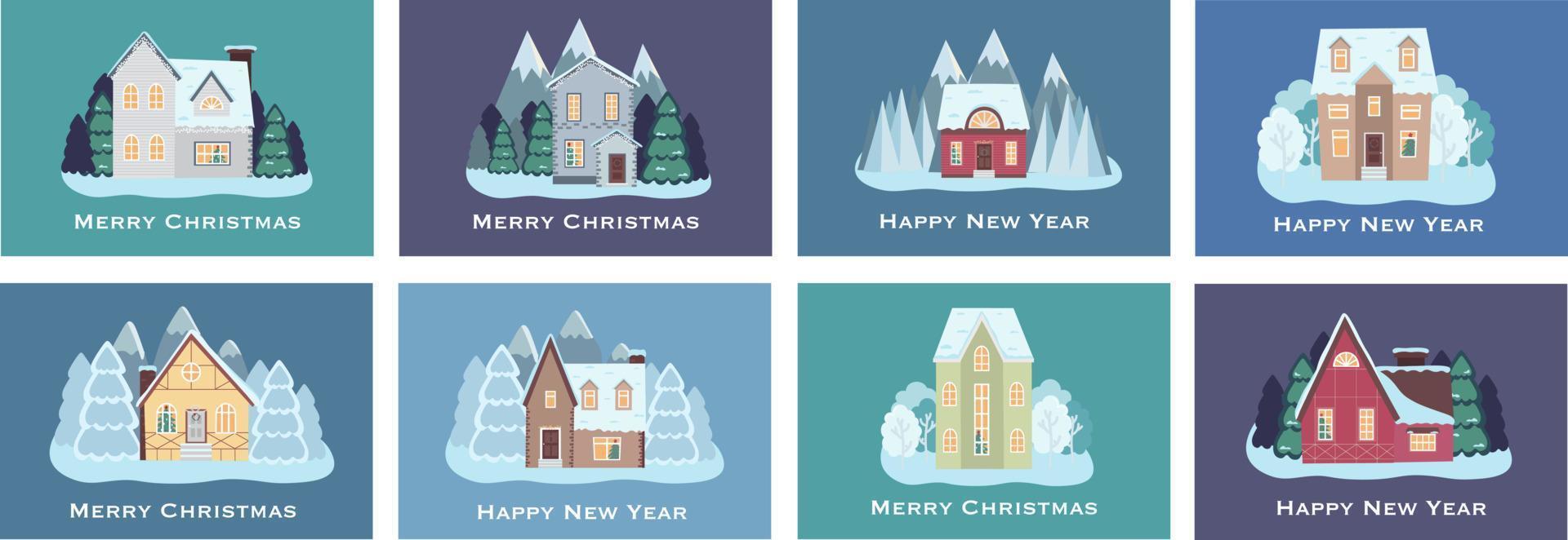 Set of Christmas cards with houses, fir trees and snow with the inscription Merry Christmas vector