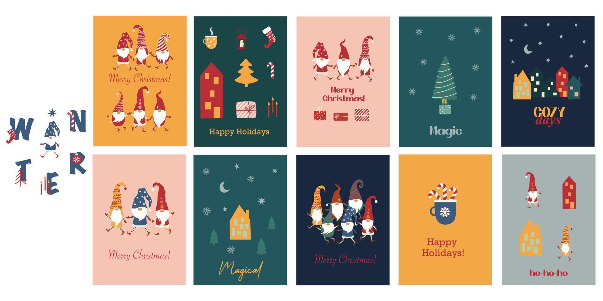 Christmas cards with merry gnomes and holiday quotes. cute elf, christmas tree, houses, gifts vector
