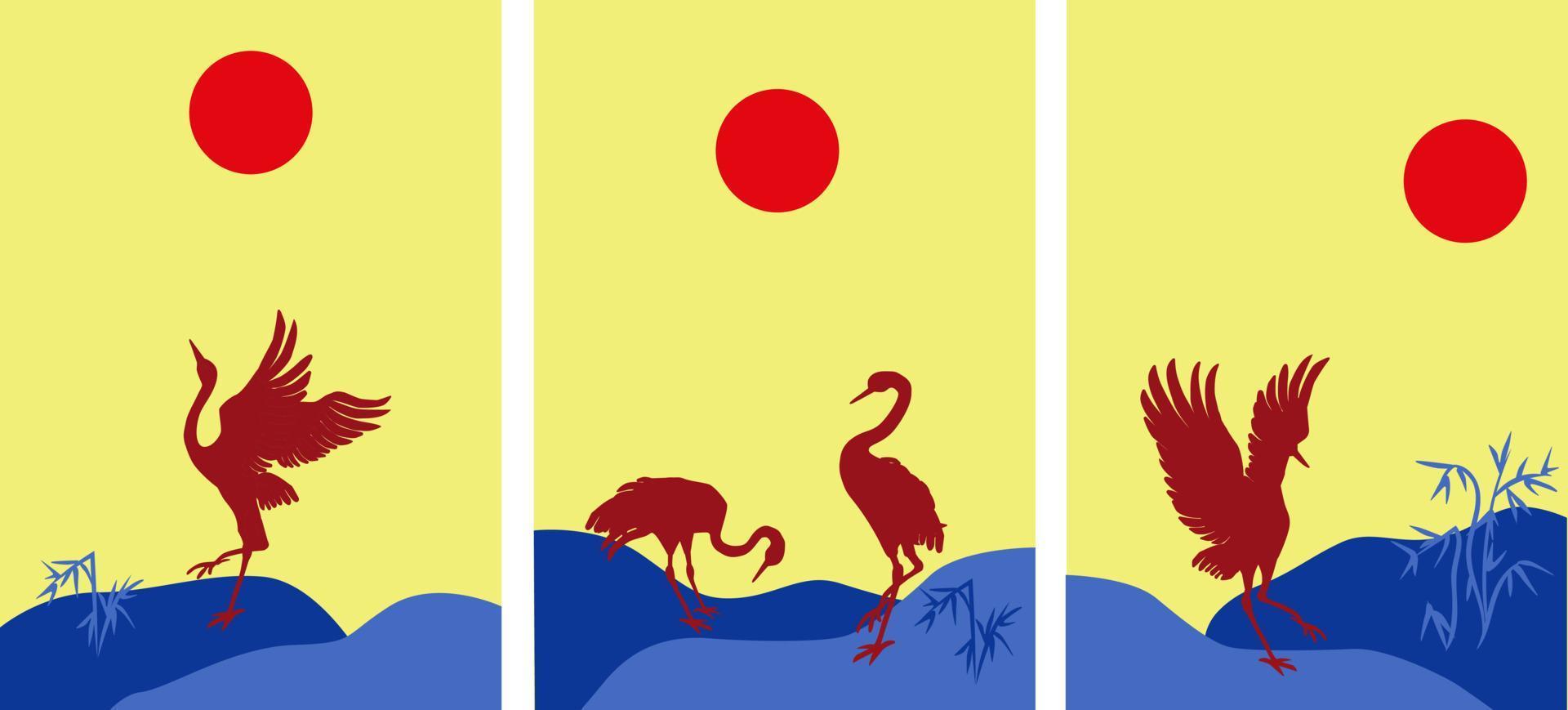 Japanese style poster set with crane at sunset vector