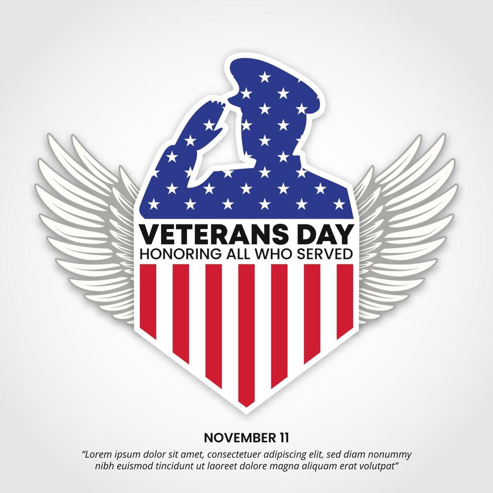 fondo del día de los veteranos con una silueta de veterano de bandera y alas vector