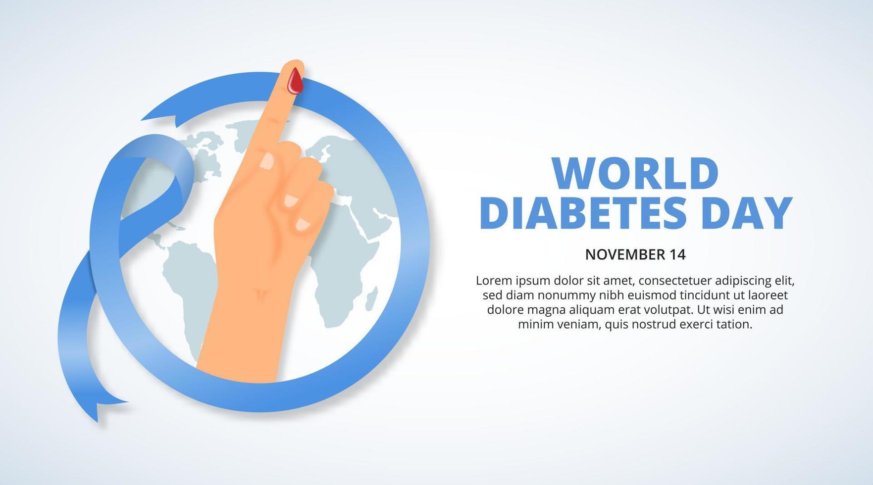 fondo del día mundial de la diabetes con una cinta azul y una mano probada vector