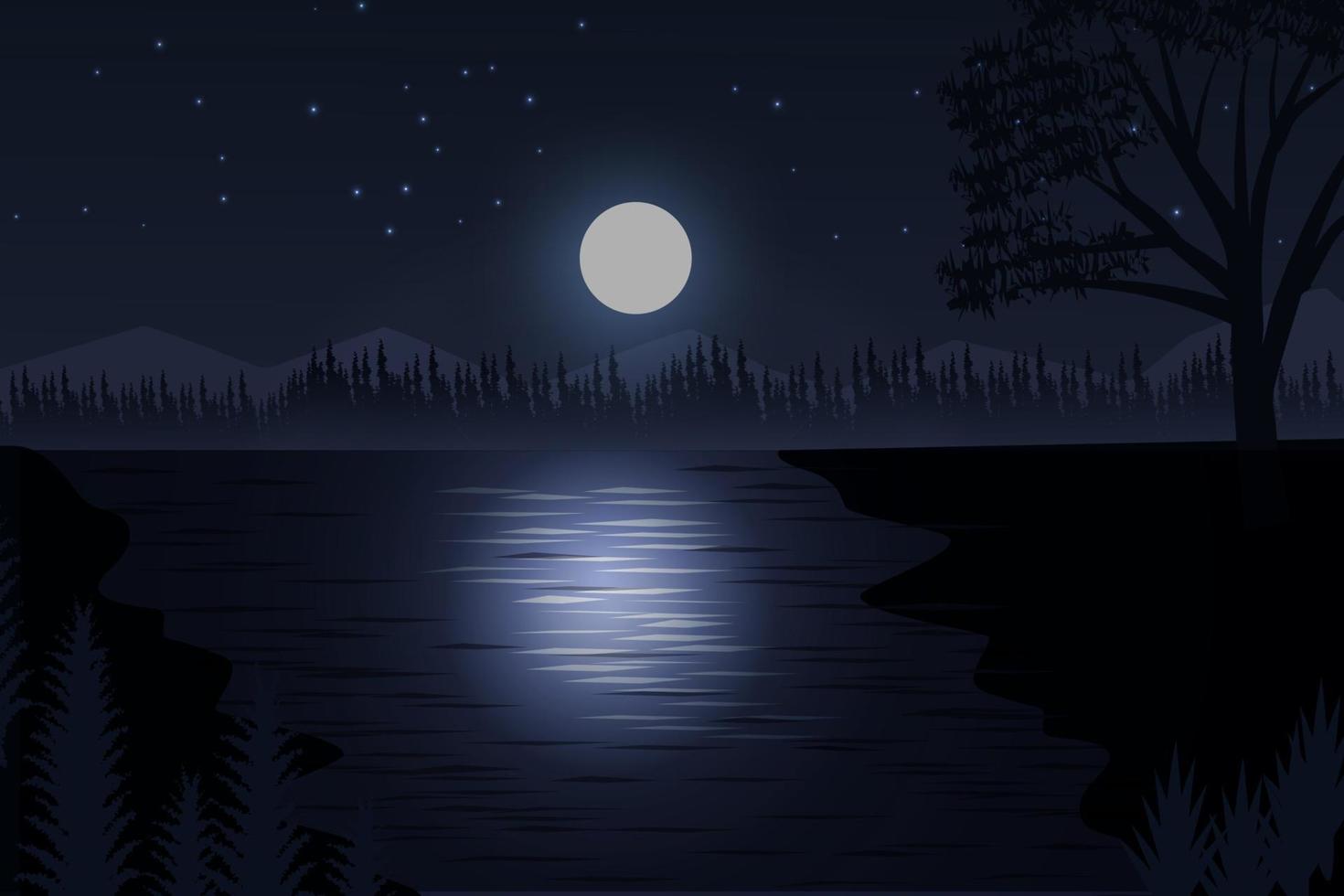 noche de luna en el bosque. cielo de bosque oscuro con ilustración de fondo de paisaje de río y luna vector