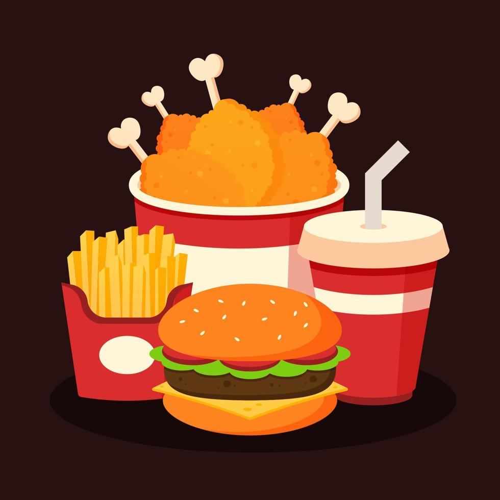 Set menu of fast food products. Hamburger, french fries, fried chicken drumsticks bucket, and soft drink. Group of restaurant lunch menu concept. Cute cartoon dish icons. Vector cuisine illustration.