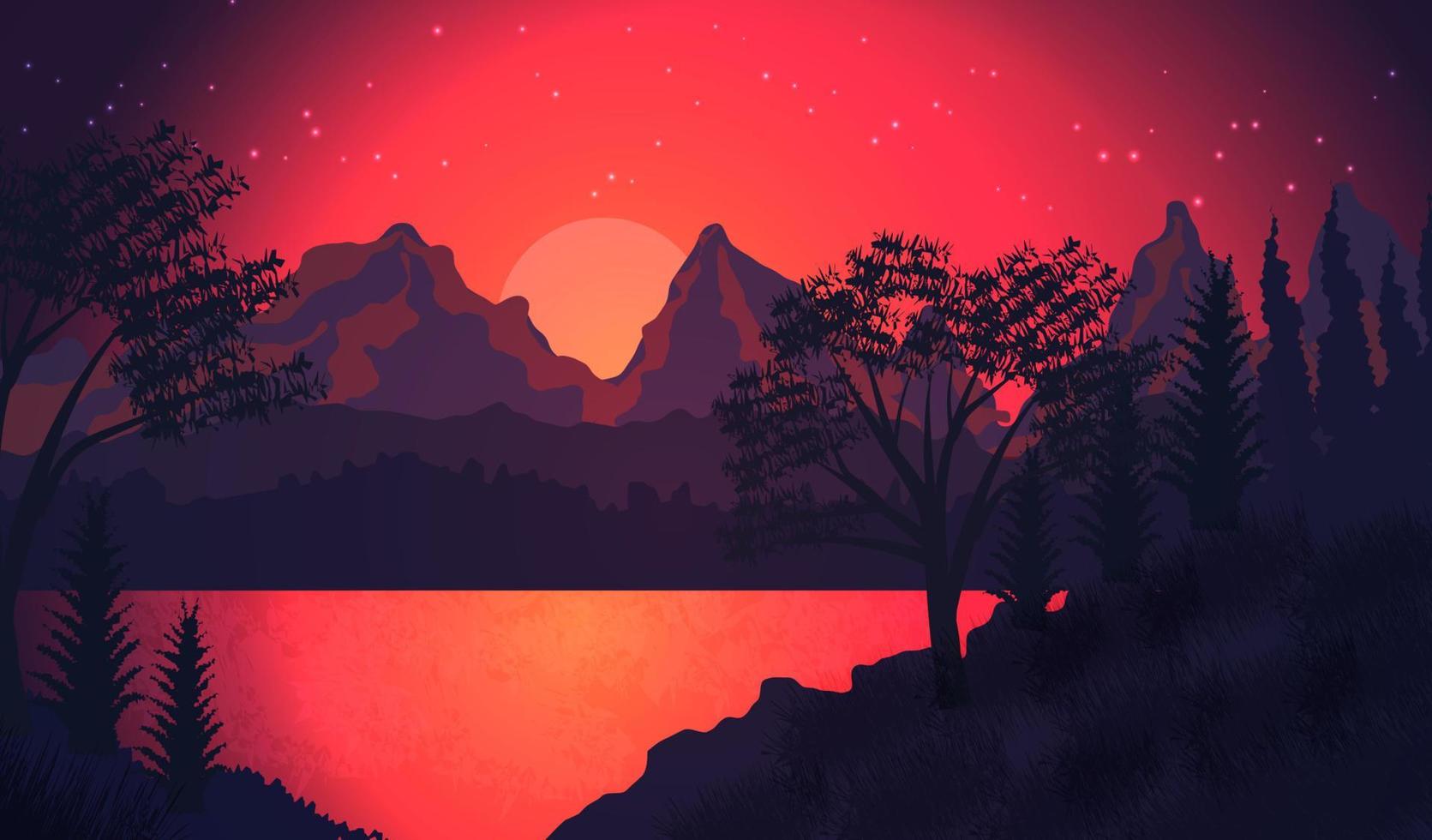 escena del atardecer en el bosque. cielo de bosque brillante con ilustración de fondo de paisaje de río vector