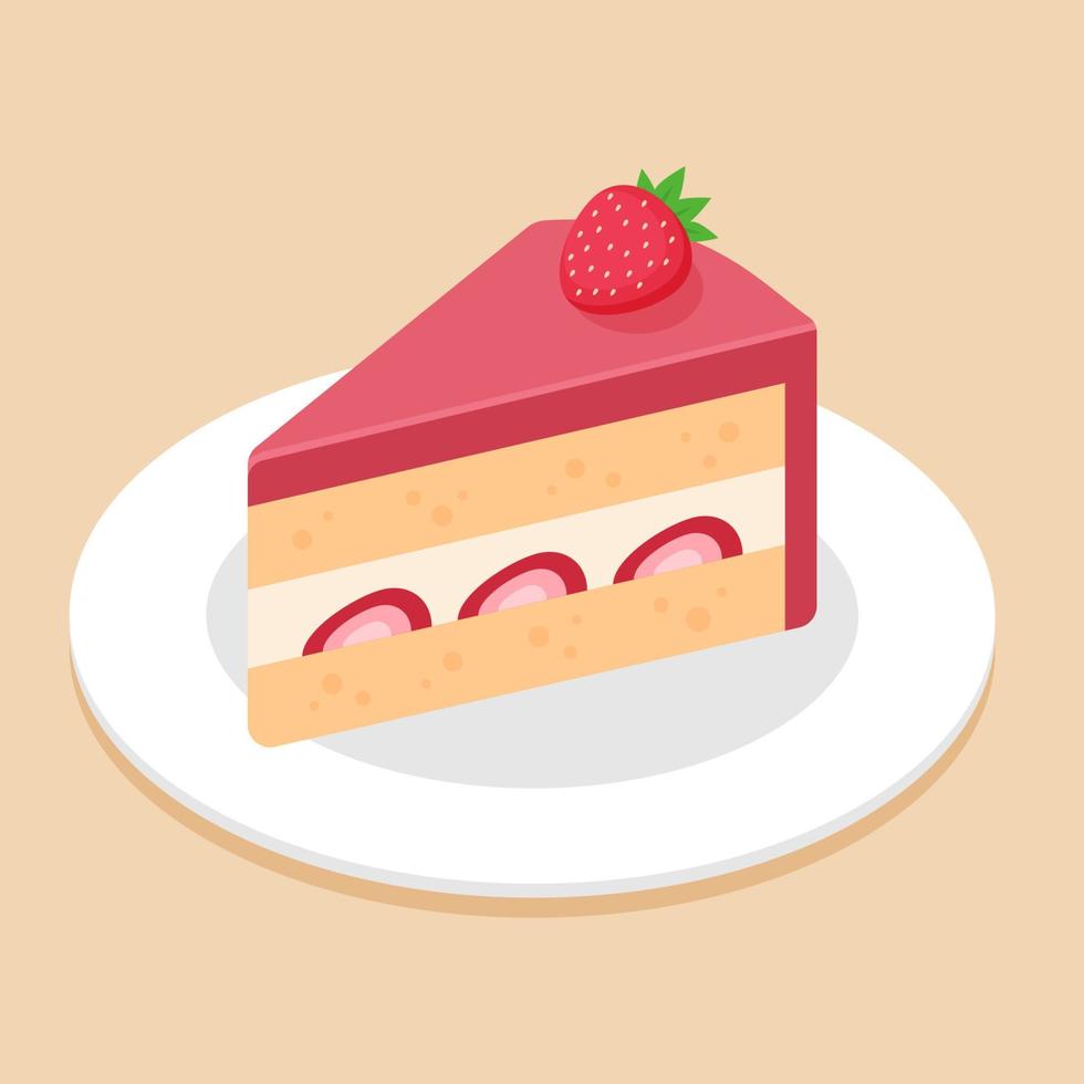 Slice of strawberry cake on topping with a strawberry on dish or plate. Delicious sweet dessert concept. Isometric food icon. Cute cartoon vector illustration. Symbol of sweets element. Cafe menu.