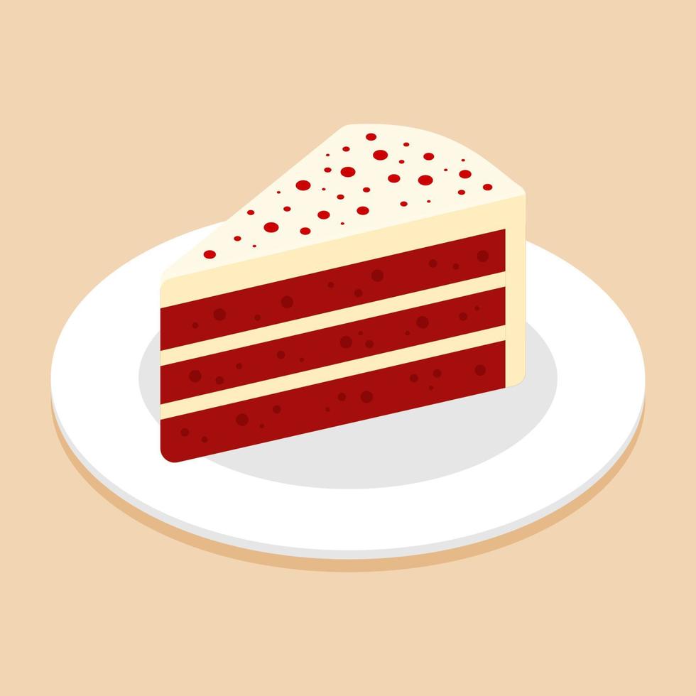 Slice of red velvet cake on plate or dish. Delicious sweet dessert for valentine's concept. Isometric food icon. Cute cartoon vector illustration. Graphic design element. Symbol of sweets. Cafe menu.