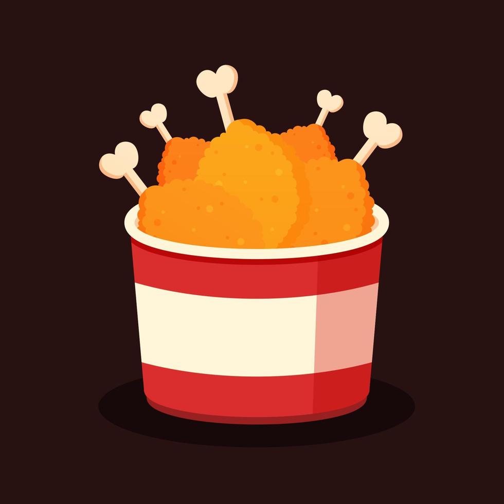 Bucket of crispy deep fried chicken drumsticks isolated. Delicious crunchy fast food concept. Junk food or unhealthy dish. Cute cartoon restaurant meal icon. Flat vector graphic design illustration.