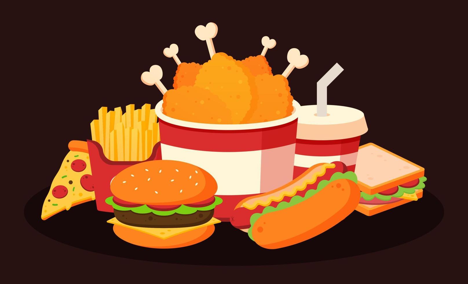 Group of fast food restaurant menu. Hamburger, french fries, soft drink, pizza, hot dog, fried chicken drumstick, and sandwich. Set of cute cartoon meal dish icons. Vector design illustration concept.