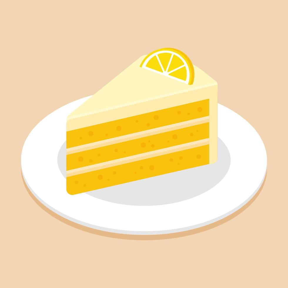 Slice of yellow lemon cake topping with sliced lemon on dish or plate. Delicious sweet dessert concept. Isometric food icon. Cute cartoon vector illustration. Symbol of sweets element. Cafe menu.