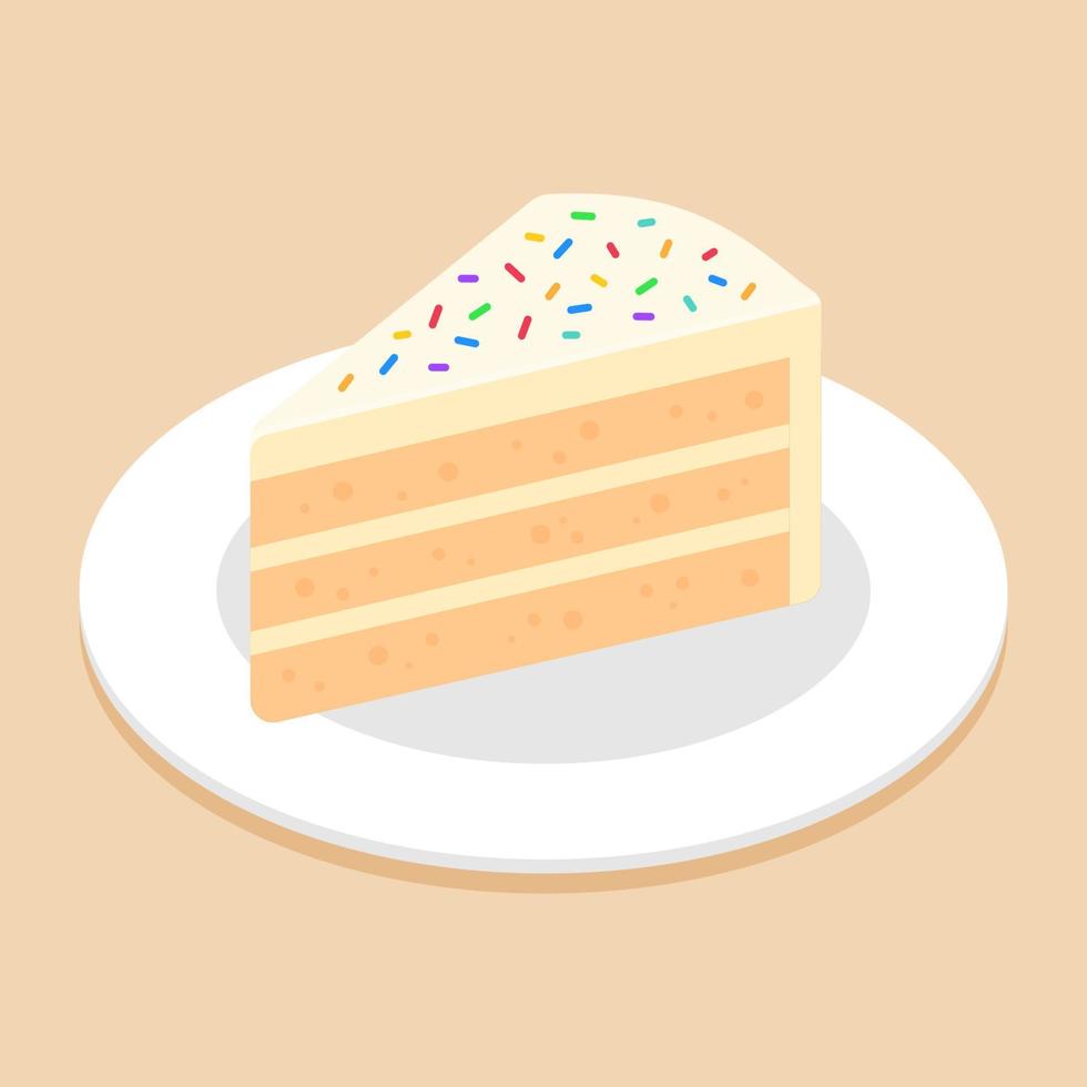 Slice of vanilla cake topping with colorful sprinkles on dish or plate. Delicious sweet dessert concept. Isometric food icon. Cute cartoon vector illustration. Symbol of sweets element. Cafe menu.