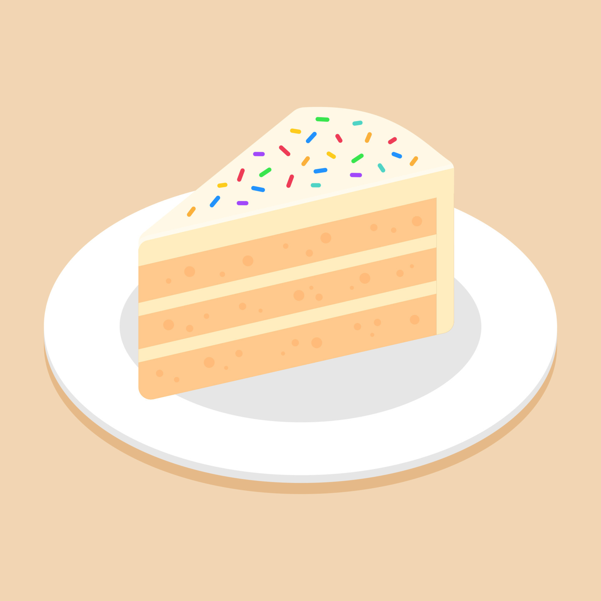 Slice of vanilla cake topping with colorful sprinkles on dish or plate.  Delicious sweet dessert concept. Isometric food icon. Cute cartoon vector  illustration. Symbol of sweets element. Cafe menu. 13402124 Vector Art