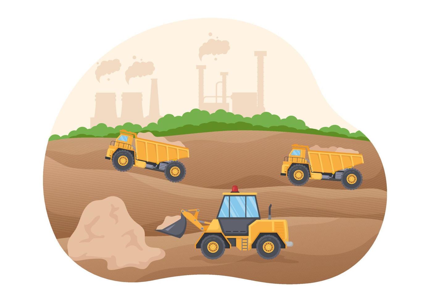 Mining Company with Heavy Yellow Dumper Trucks for Coal Mine Industrial Process or Transportation in Flat Cartoon Hand Drawn Templates Illustration vector