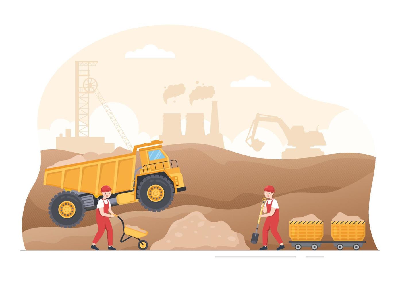 Mining Company with Heavy Yellow Dumper Trucks for Coal Mine Industrial Process or Transportation in Flat Cartoon Hand Drawn Templates Illustration vector