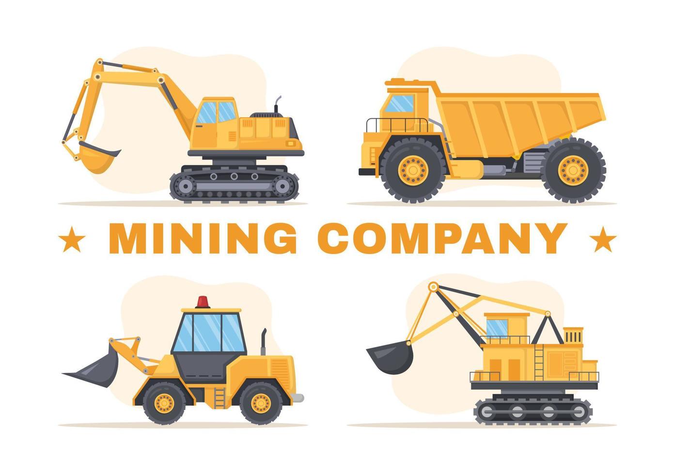 empresa minera con pesados camiones volquete amarillos para el proceso industrial de la mina de carbón o el transporte en la ilustración de plantillas dibujadas a mano de dibujos animados planos vector