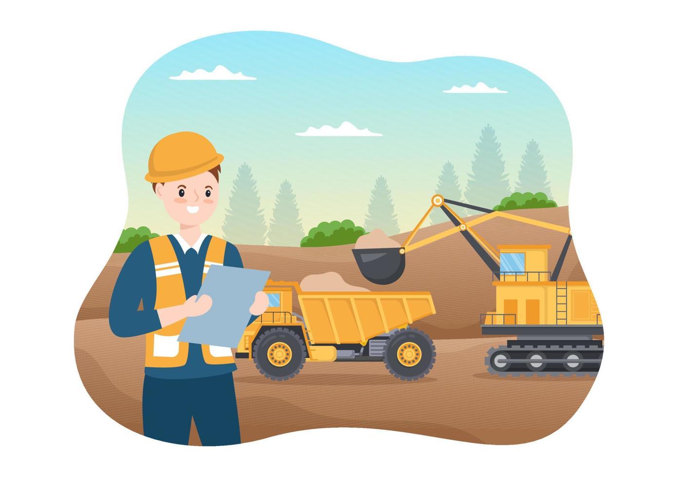 Mining Company with Heavy Yellow Dumper Trucks for Coal Mine Industrial Process or Transportation in Flat Cartoon Hand Drawn Templates Illustration vector