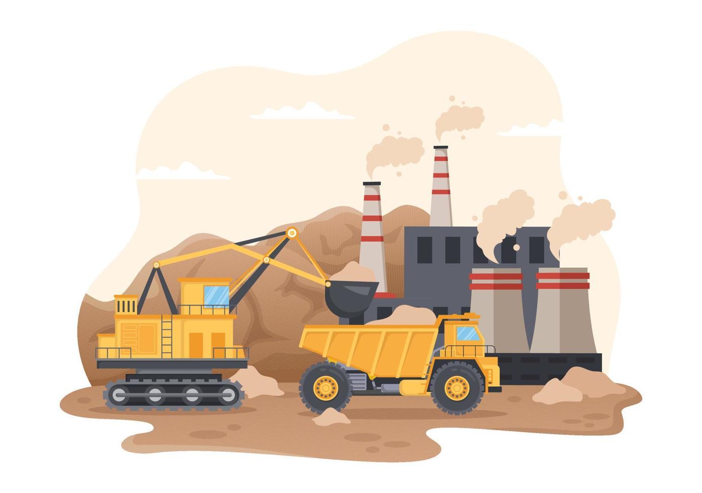 empresa minera con pesados camiones volquete amarillos para el proceso industrial de la mina de carbón o el transporte en la ilustración de plantillas dibujadas a mano de dibujos animados planos vector