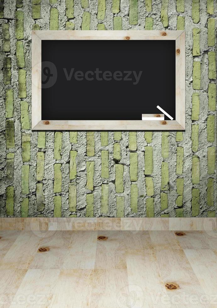 empty blackboard with wooden frame and chalks on wall room photo