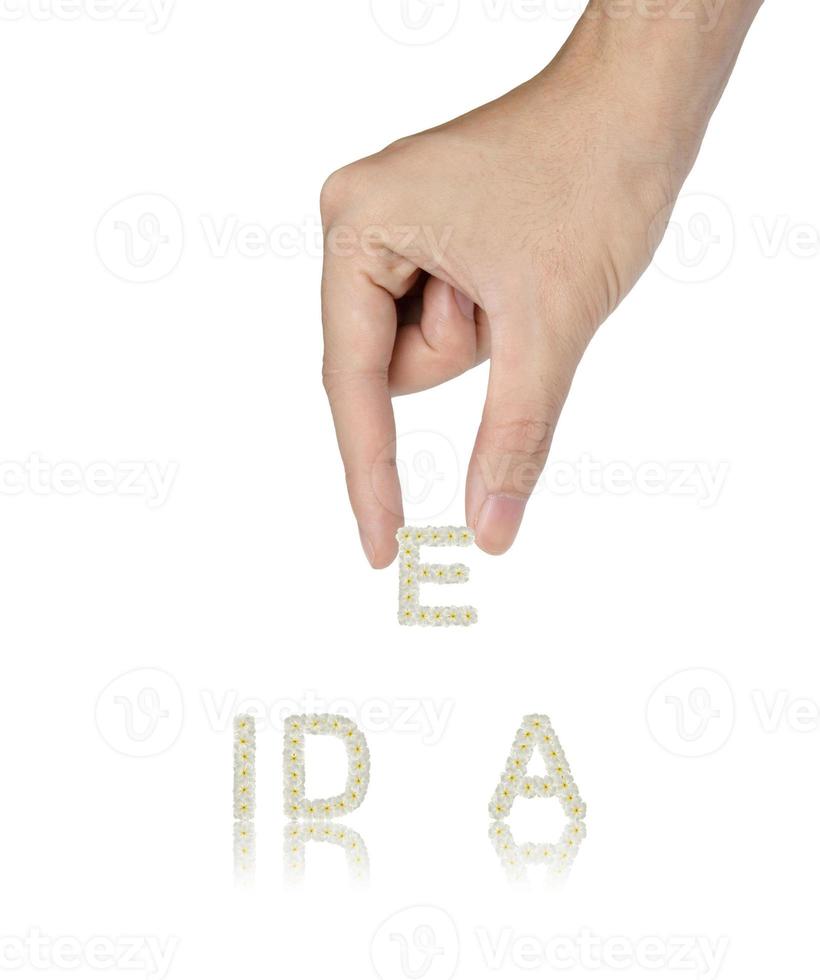 Hand and word made from Frangipani flowers idea isolated on white photo