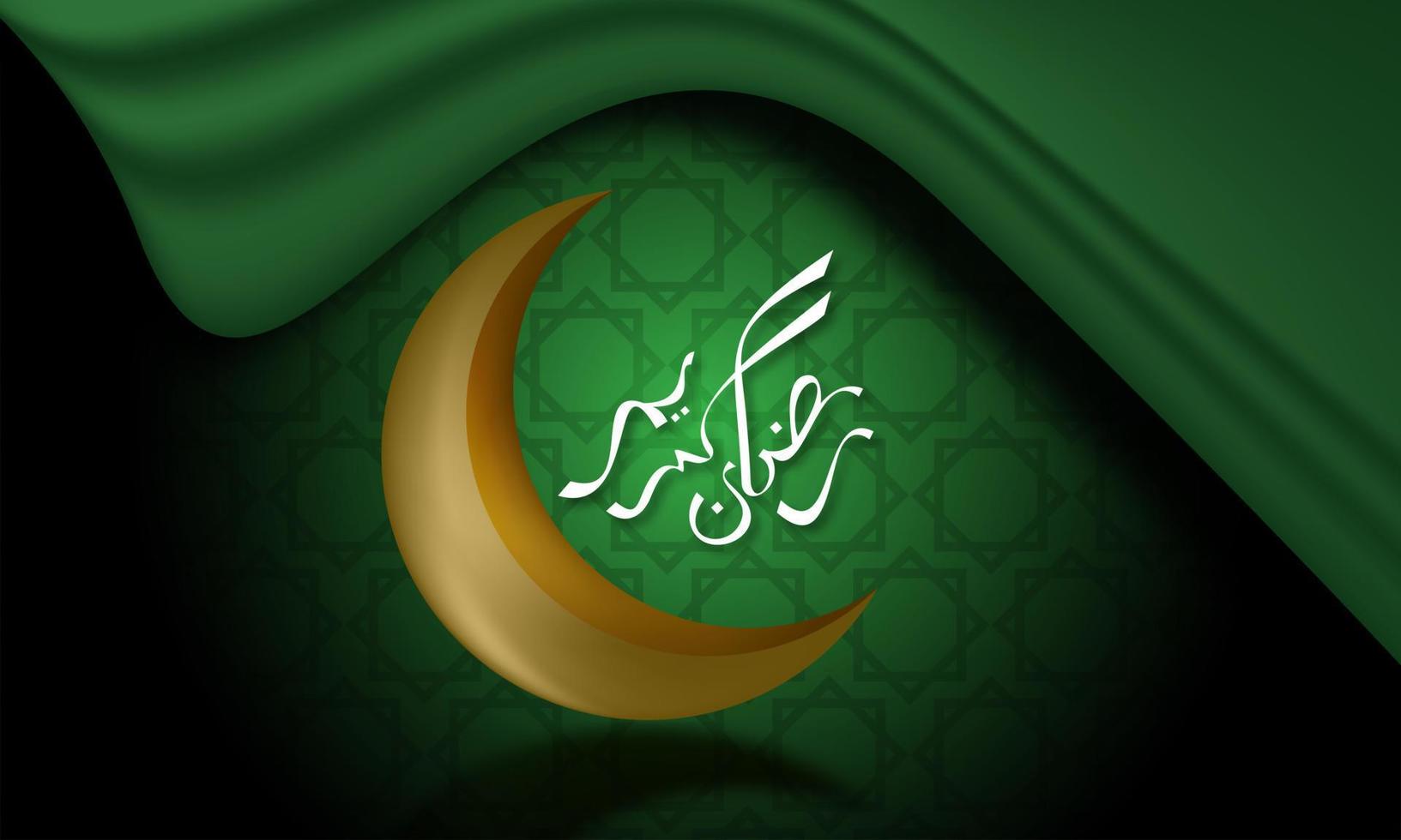 ramadan kareem en diseño de tela verde. plantilla de vector de luna dorada con estilo de caligrafía
