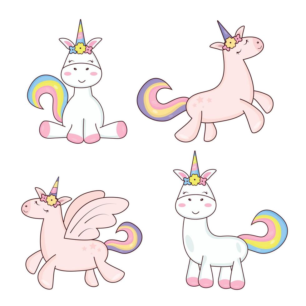 Set of pink characteristic unicorns sitting and standing vector