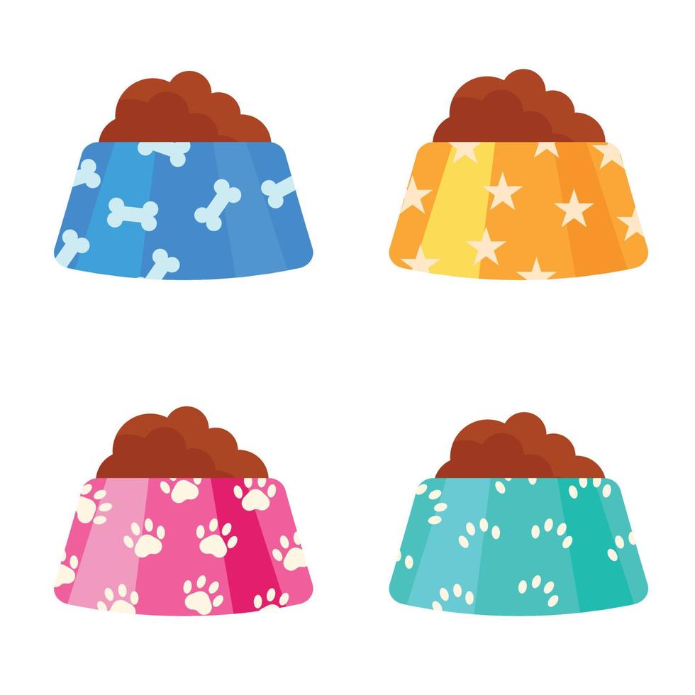 Set of pet food in a bowl with a pattern. Vector illustration on white background