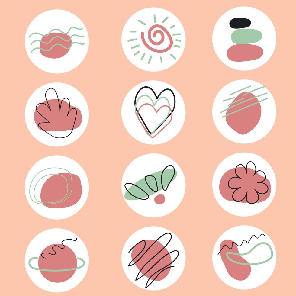 Instagram resalta los iconos en rosa, estilo boho, patrón. corazón, sol, flor, planeta. Destacar. portadas destacadas de la historia. vector