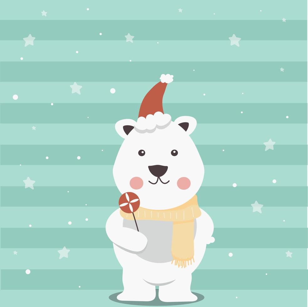 Winter White Christmas Bear with Scarf, Hat and Candy vector