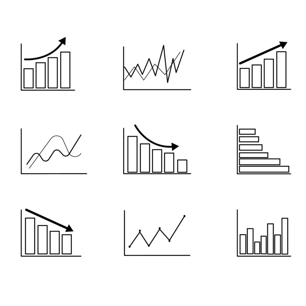 A set of growing graphics icons in black and white. Business graphic.  A business graph with an arrow. A collection of growth charts. vector