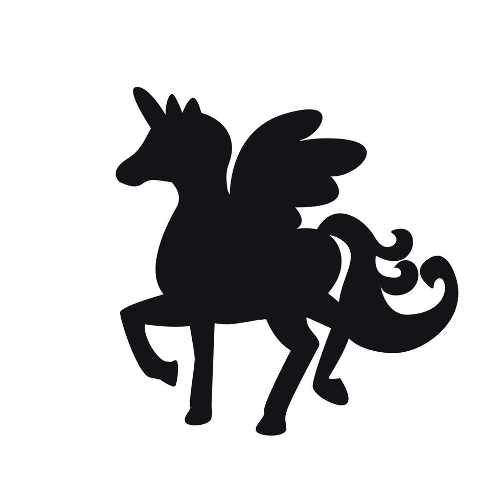 silueta unicornio negro con cola rizada y alas vector
