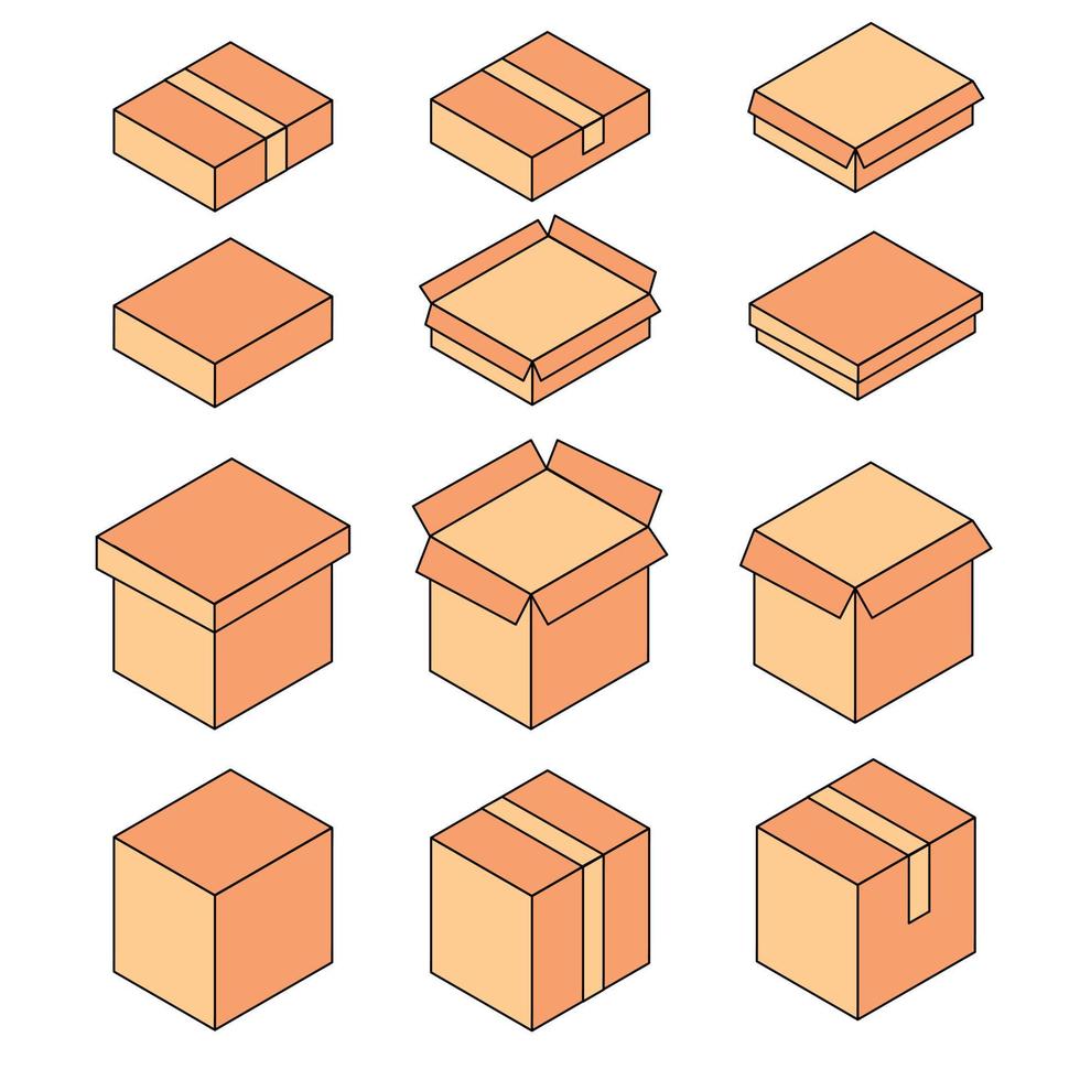 conjunto de caja de iconos. marrón, color marrón claro con caja circular, abierta, cerrada, alta, baja. vector