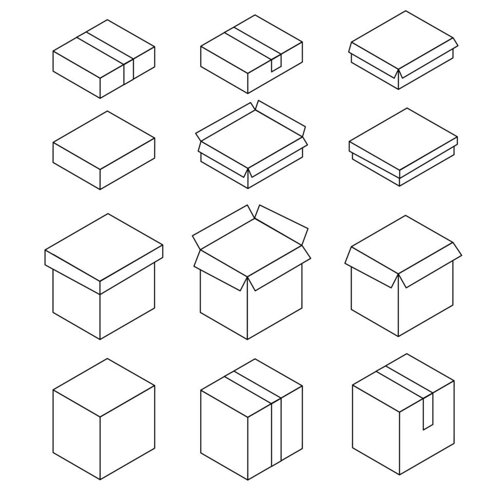 conjunto de caja de iconos. caja blanca y negra, abierta, cerrada, alta, baja. vector